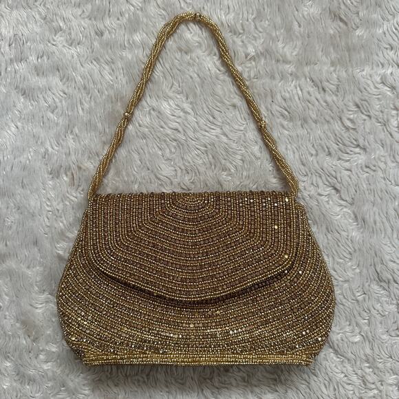 Vintage 60s Gold Fully Rhinestone / Beaded Handbag / Crossbody Purse - Picture 1 of 9